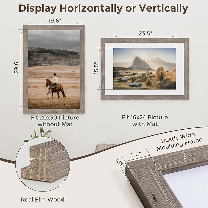 Fun Memories 20x30 Picture Frames, 20"x30" Poster Frame for Wall, 20 x 30 Rustic Wood Frame with Real Tempered Glass, Display Poster 16x24 with Mat or 20 x 30 Without Mat, Grey, 1 Pack