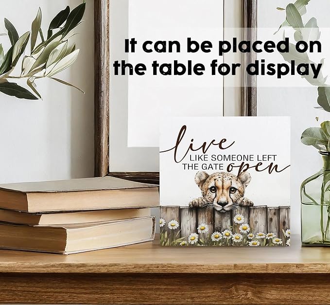 Nursery Cheetah Wooden Box Sign, Cute Live Like Someone Left the Gate Open Wooden Signs for Home Decor,Funny Animal Kitchen Bedroom Decor,Cheetah Gifts for Kids Boys Girls, 8x8