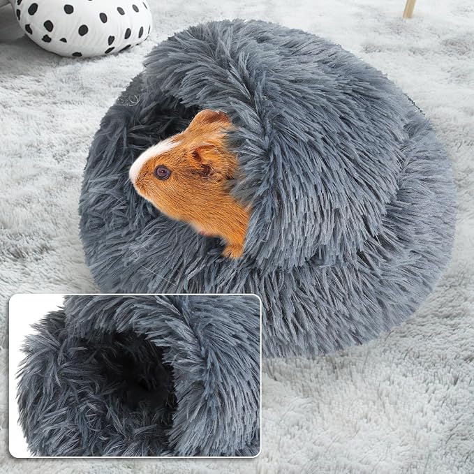 Guinea Pig Hideout, Doughnut Guinea Pig Bed, Rabbit Bunny Hideout(Black) | Washable Hamster Rabbit Bunny Bed with Hooded Cover, Calming Round Cave Beds for Small Animal Bunny Rabbit Hideout
