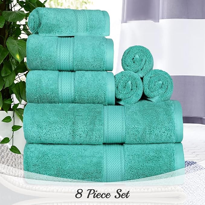 BLUENILEMILLS Madison Egyptian Cotton Towels, Towel Set for Bathroom, Shower, Hotel, Plush, 900 GSM, Highly Absorbent and Ultra-Soft Towels, Bath Essentials, 8 Piece Assorted Towel Set, Turquoise