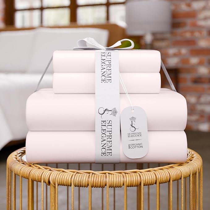 SUPREME ELEGANCE Organic 100% Cotton Twin XL Bed Sheet – Blush Crisp Percale Bedding Sheets, Deep Pocket up to 16” – Lightweight, Breathable & Naturally Cooling – Ideal for College Dorm, Soft & Comfy
