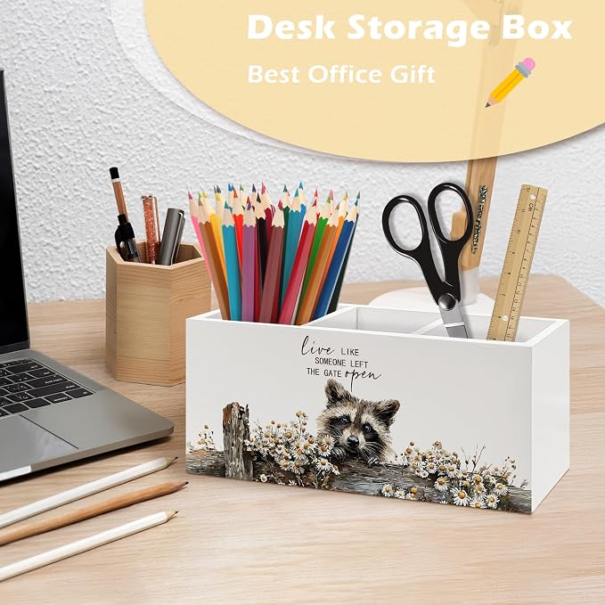 Rustic Raccoon Pen Holder Organizer, Farmhouse Raccoon Gifts for Women Men Desk Decor, Live Like Someone Left the Gate Open Wooden Pen Pencil Holders for Vintage Desk Accessories