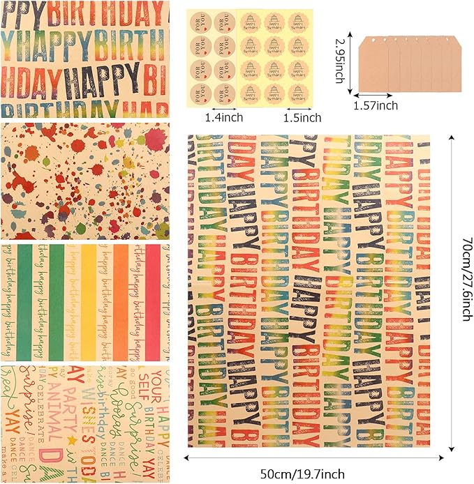 MAMUNU Birthday Wrapping Paper, 8 Sheets Brown Kraft Recycled Gift Wrapping Paper, Colorful Happy Birthday Gift Wrapping Paper Set with Stickers and Tags for Kids Women Men Birthday All Occasions, 20×28 Inch