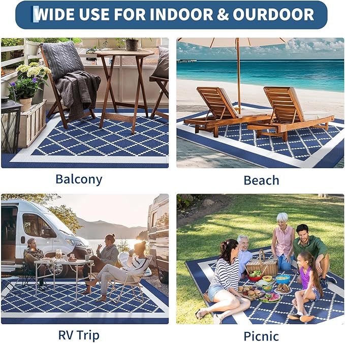 Outdoor Patio Rug 9x18 Waterproof Plastic Reversible Rug Modern UV Resistant Foldable Camping Mat Contemporary Geometric Outdoor Floor Mat for RV Backyard Deck Blue/White