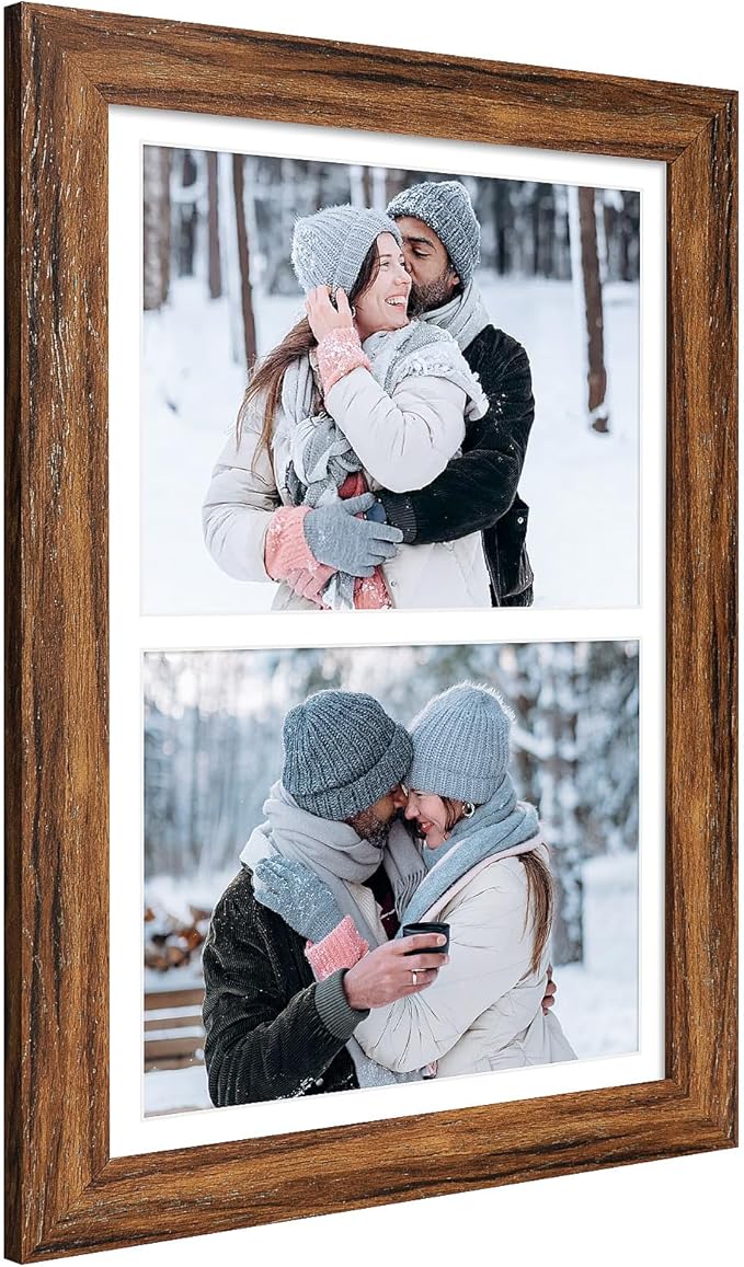 11x17 Picture Frame Display 2 opening 8X10 Double Picture Frame Collage,Multi Photo Frame with Mat,Plexiglass,Wall Mount Decor,Carbonized Brown Wood Grain