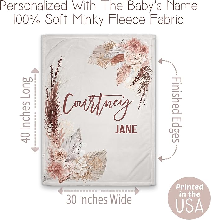 Girls Love A Monogram - Personalzied Custom Boho Floral Baby Blankets for Girls with Name Shower Gift (Beige, 30 X 40 Baby)