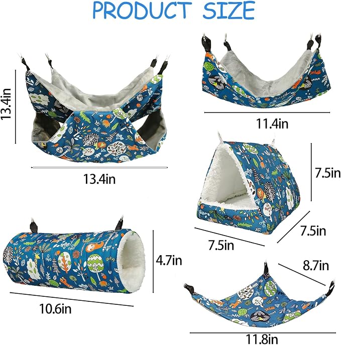 kathson 5 PCS Guinea Pig Hammock Set, Washable Rat Hammock, Guinea Pig Hideout Bed Soft Hamster Hanging Tunnel Mats Small Pets Cage Accessories for Chinchilla, Sugar Glider, Squirrel(Blue)