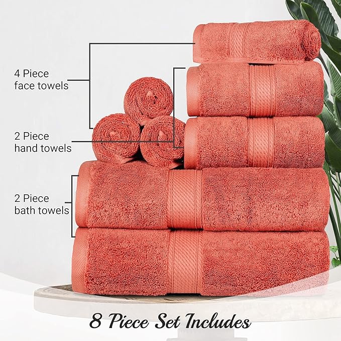 BLUENILEMILLS Madison Egyptian Cotton Towels, Towel Set for Bathroom, Shower, Hotel, Plush, 900 GSM, Highly Absorbent and Ultra-Soft Towels, Bath Essentials, 8 Piece Assorted Towel Set, Coral