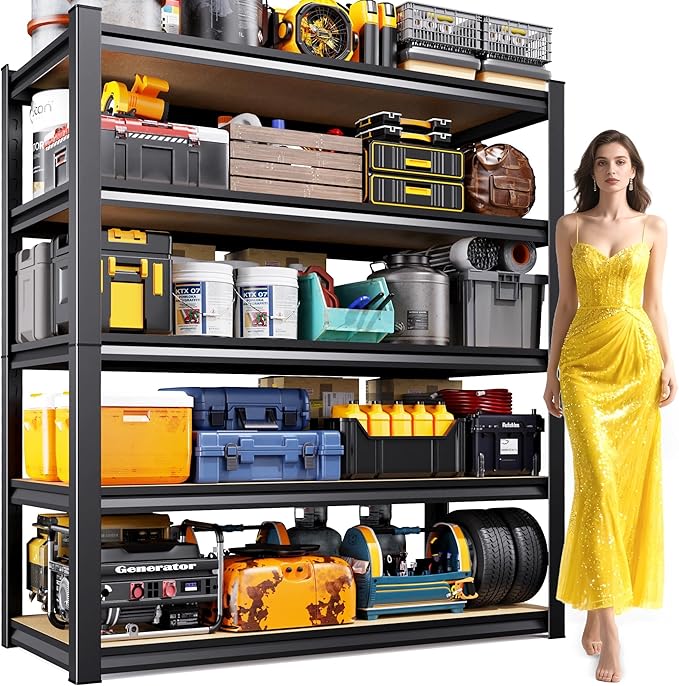 45.6" W Garage Shelving Heavy Duty Storage Shelves, Metal Adjustable Shelving Unit, Utility Garage Organizer Shelf for Basement, Pantry, Kitchen, Warehouse, 45.6" Wx17.7 Dx71.2 H, Black