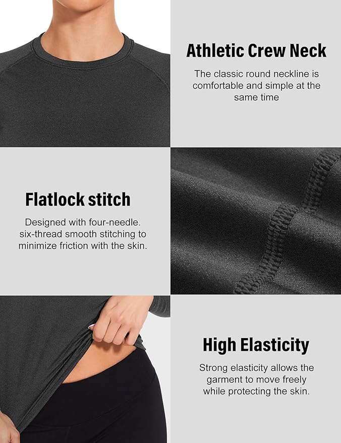 Womens Thermal Compression Long Sleeve Shirts Fleece Lined Tops Crew Neck Slim Fit Base Layer Ladies Underwear