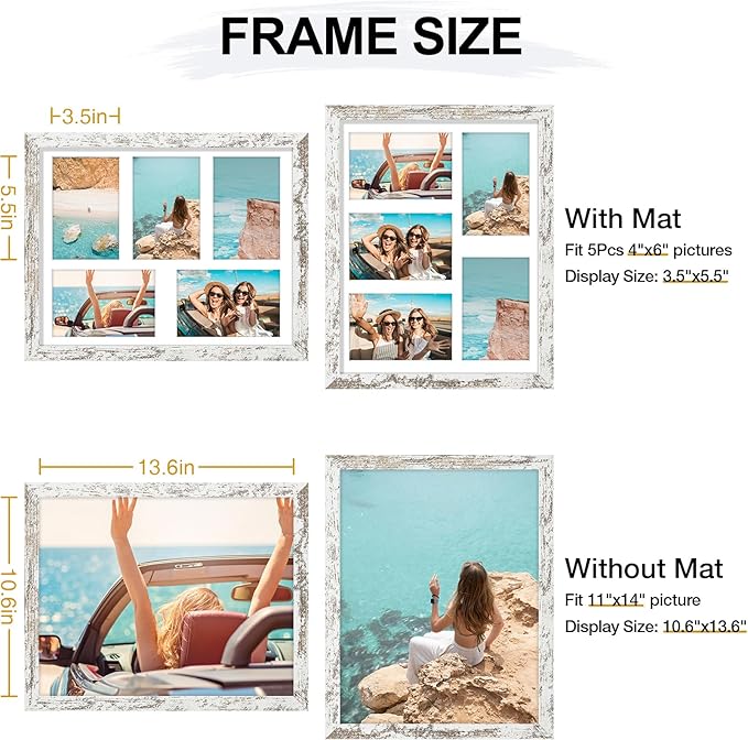 Vittanly 11x14 Collage Picture Frame, Displays 5Pcs 4x6 Pictures with Mat or 1Pcs 11x14 without Mat for Wall Mounting, Picture Frames Collage Wall Decor in Distressed White, 1 Pack