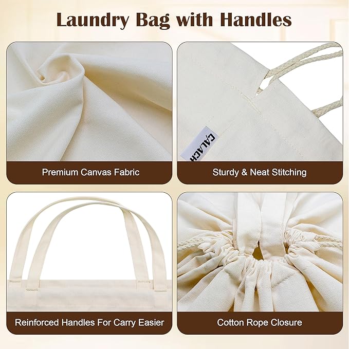 Canvas Laundry Bags 18x18in with Handles & Square Base, Extra Large Heavy Duty Laundry Basket Hamper Liner, Washable Drawstring Dirty Clothes Bag Canvas Storage Sack (Beige XL,1 Pack)