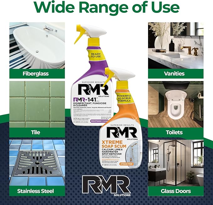 RMR Polish & Protect Bundle – Xtreme Soap Scum Remover + RMR-141 EPA Registered Mold & Mildew Spray, 2-Step Clean & Disinfect System for Buildup, Hard Water, Tile, Surfaces, Glass, 2–32 Oz Bottles
