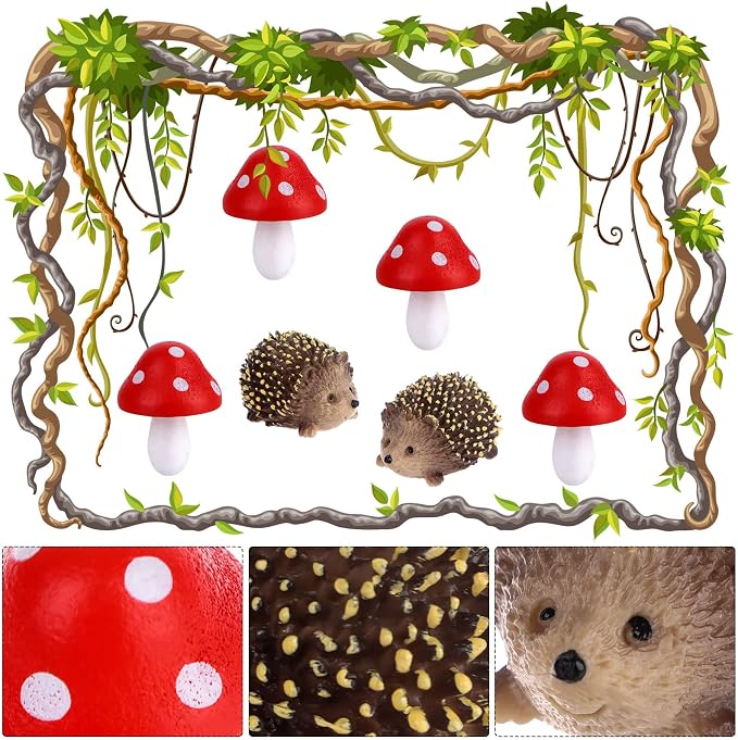 8 Pcs Fairy Wild Garden Accessories Mini Hedgehogs and Mushroom Statue Micro Landscape Plant Pots Bonsai Craft Decor Miniature Mushroom Figurines Hedgehogs Outdoor Mushroom Figurine for Garden