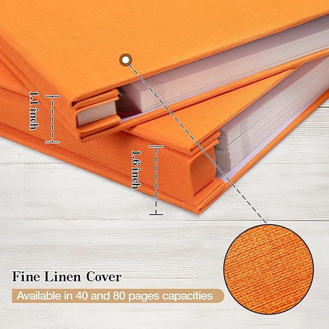 potricher Large Photo Album Self Adhesive 3x5 4x6 5x7 8x10 10x12 Pictures Linen Cover 80 Blank Pages Magnetic DIY Scrapbook Album with A Metallic Pen (Orange, 13.2x12.8 inch 80 Pages)