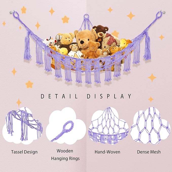 CERETIA Stuffed Animal Hammock with LED Light, Large Stuffed Animals Storage Corner Plushie Net for Kids Room Decor, Jumbo Purple