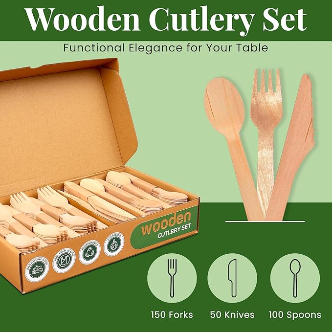 300 Pcs Disposable Wooden Cutlery Set (150 Forks, 50 Knives, 100 Spoons) – Eco Pack, Wooden Premium Cutlery Utensils for Sustainable Living, Perfect for Picnics & Everyday Use by Zestium