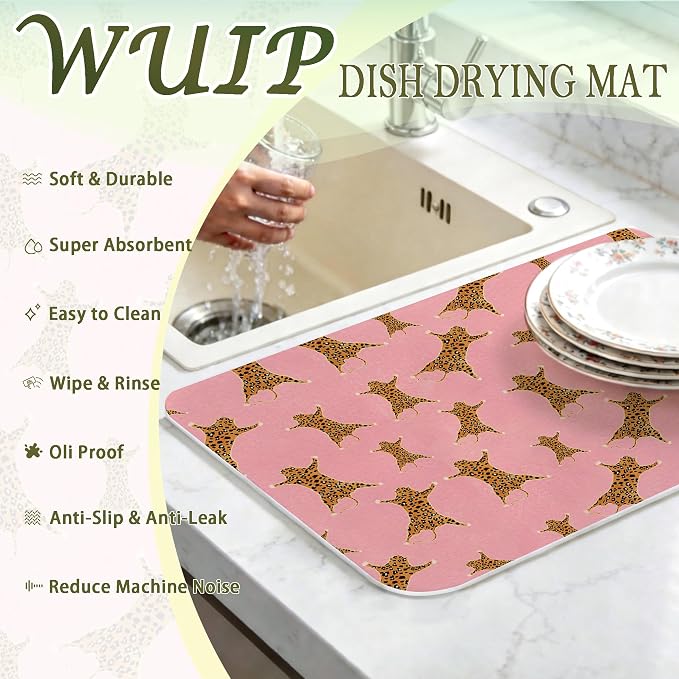 Pink Leopard Dish Drying Mats for Kitchen Counter, Retro Cheetah Animal Print Absorbent Reversible Coffee Bar Mat Drying Pad for Leopard Kitchen Decor, 12x15 Inch