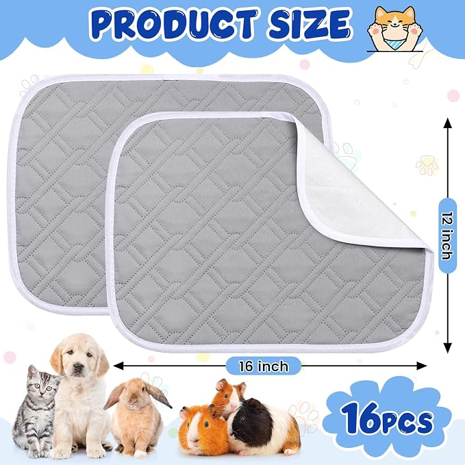 16 Pcs Guinea Pig Cage Liners Bulk 12 x 16 Inch Washable Guinea Pig Pee Pads Waterproof Reusable Anti Slip Rat Bedding Fast Absorbent Pee Pad for Small Animals Rabbit Hamster Rat
