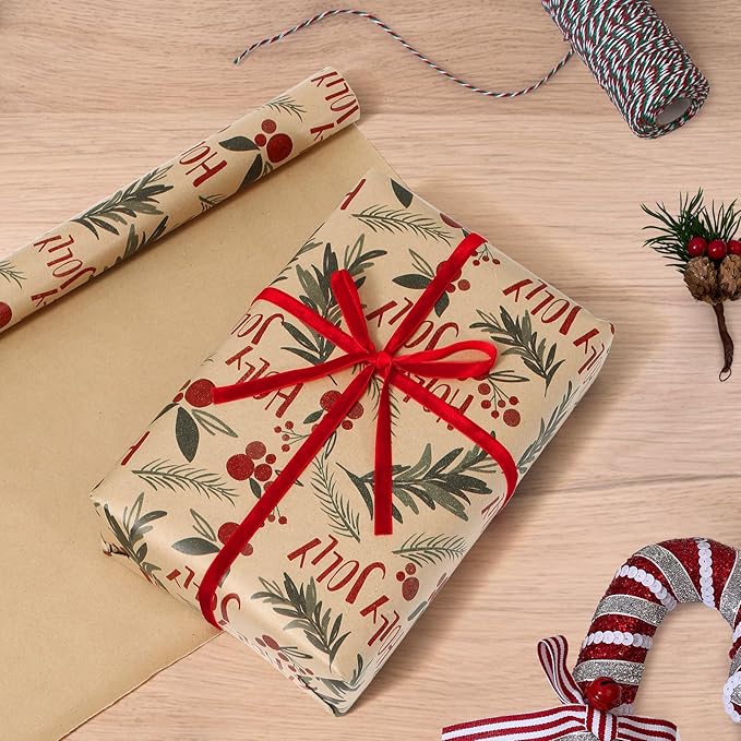 YANGTE Vintage Christmas Wrapping Paper - Brown Kraft Gift Wrap 4 Rolls, 17x120 Inch, Holiday Paper with Classic Red and Green Patterns for Xmas Gifts