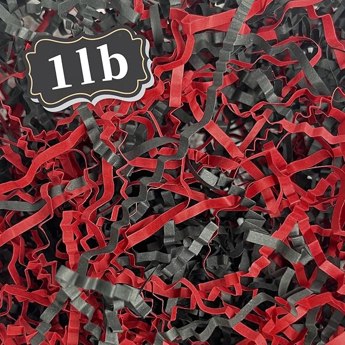 ZEBMOON 1 LB Black Red Crinkle Cut Paper Shred Filler Great for Gift Wrapping, Basket Filling, Birthday, Wedding, Halloween, Thanksgiving, Christmas Day, New Year Party Decorations Filling Supplies