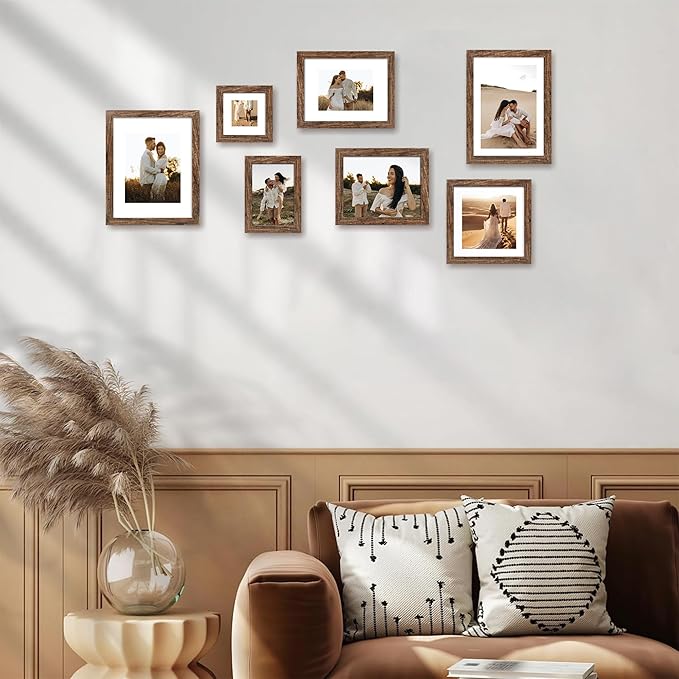 iRahmen 8x8 Picture Frame Set of 4 with HD Glass, Display 6x6 Pictures with Mat or 8 x 8 Without Mat, Rustic Wood Photo Frame for Wall Mount and Tabletop Display