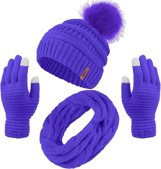 Aneco Womens Winter Warm Sets Knitted Fur Pompoms Beanie Hat Circle Loop Scarf Touch Screen Gloves Winter Favor Accessories