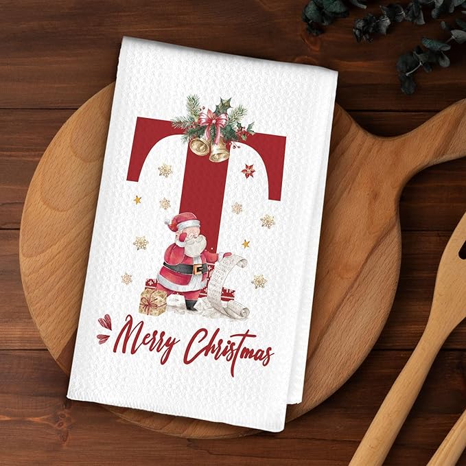 Christmas Initial Letter T Kitchen Towels Personalized Gifts Dish Towels Hand Towels for Kitchen Decorations, Christmas Birthday Gifts for Women, 24x16 Inch