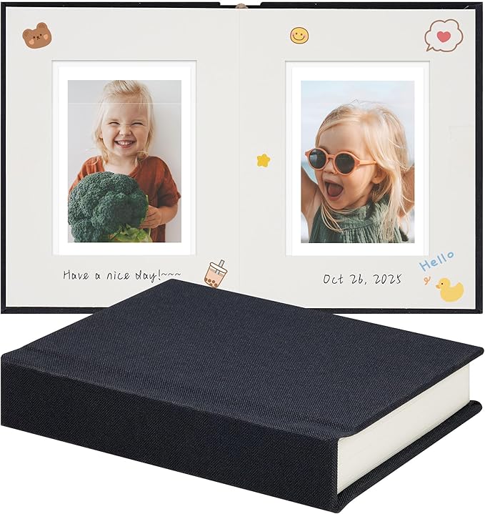 Vienrose Polaroid Photo Album with Writing Space – 2x3 Photo Album for Instax Mini & Polaroid Go, 26 Pockets Wedding Travel Scrapbook, Small Linen Album for Instant Photos, Dark Gray