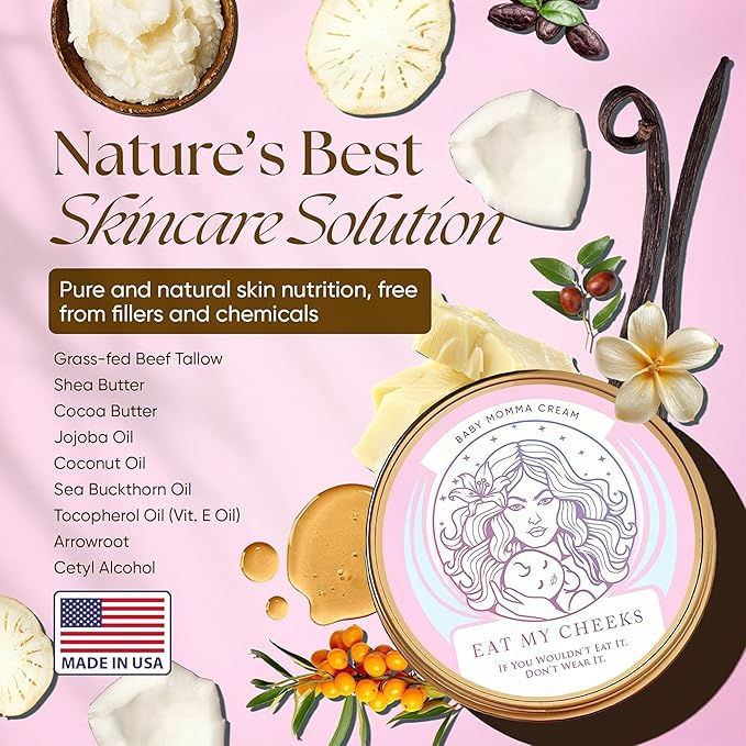 Baby Momma Cream and Natural Tallow Bar Soap Bundle - Grass-Fed Tallow for Babies & Moms - Unscented Moisturizing & Nourishing Handmade, Organic Ingredients for All Skin Types - 4 oz & 4.5 oz