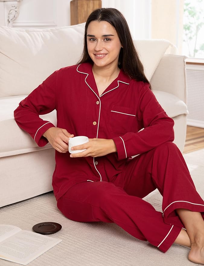 Womens Pajama Sets 100% Double Gauze Cotton Linen Like Muslin Pajamas Long Sleeve Button Down Sleepwear Soft Pjs Lounge Set