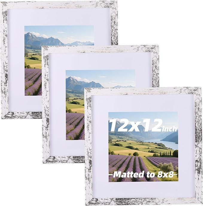 3 Pcs 12x12 Rustic White Wood Picture Frame - Display Pictures 8x8 with Mat or 12 x 12 without Mat - Distressed White Wooden Photo Frames for Wall Mounting 12 12 Matted to 8x8 Farmhouse Set of 3