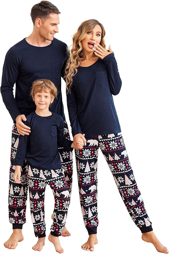 Ekouaer Family Matching Pajamas Christmas Sleepwear Long Sleeve Sleep Shirt with Plaid Pants Soft Loungewear Pjs Set S-XXL