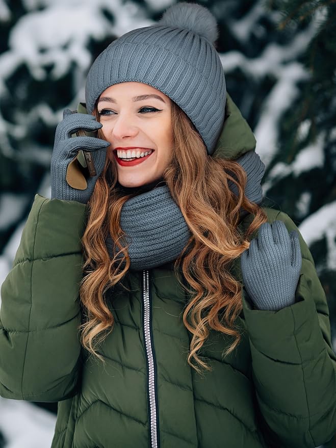 LOROME Women Winter Beanie Hat Scarf Gloves Set, Fleece Knitted Pompom Hat Warm Neck Scarf Touchscreen Gloves Winter Gift
