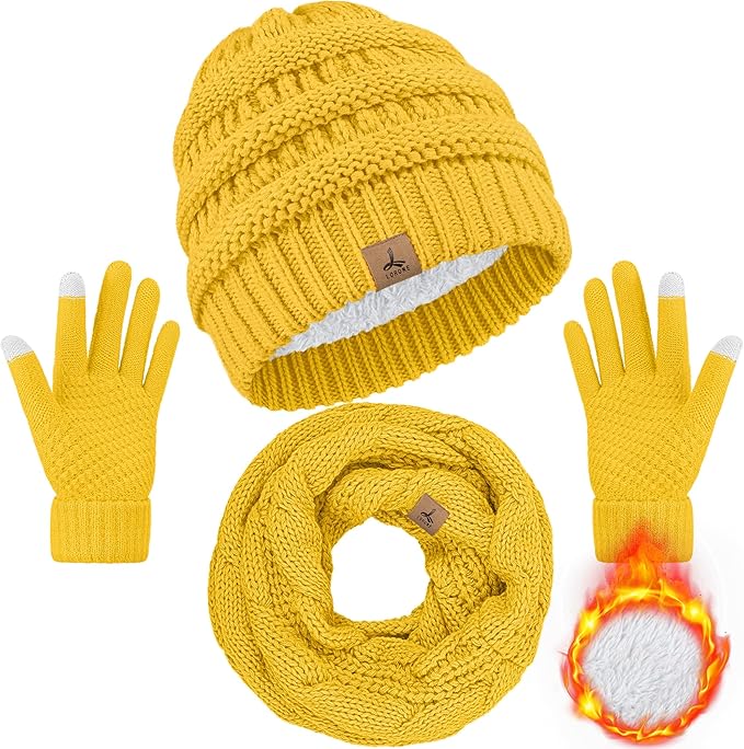 Winter Beanie Hat Scarf Gloves, Warm Fleece Knit Hats Touch Screen Gloves Neck Scarf Set Winter Gifts for Unisex Adult