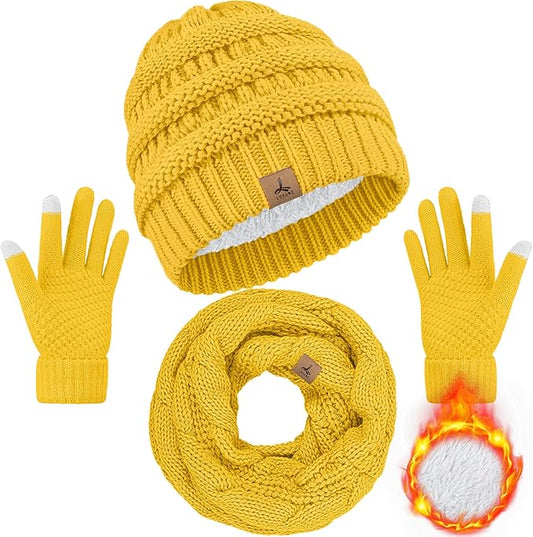 Winter Beanie Hat Scarf Gloves, Warm Fleece Knit Hats Touch Screen Gloves Neck Scarf Set Winter Gifts for Unisex Adult
