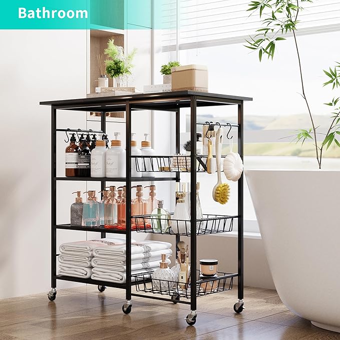 HapiRm Rolling Kitchen Microwave Cart - 4 Tier Microwave Table Stand with Pull-Out Baskets, Coffee Bar Baker's Rack with Wheels Rolling Storage Cart Organizer Shelf for Living Room Office, Balcony