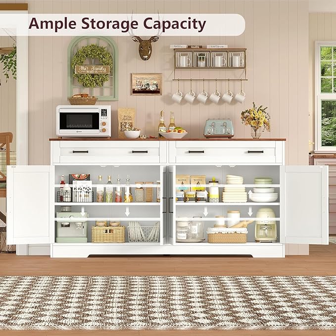 usikey Buffet Cabinet with Storage and Drawers, 55" Large Sideboard Buffet Cabinet with Adjustable Shelves and Doors, Modern Coffee Bar for Kitchen, Living Room, White