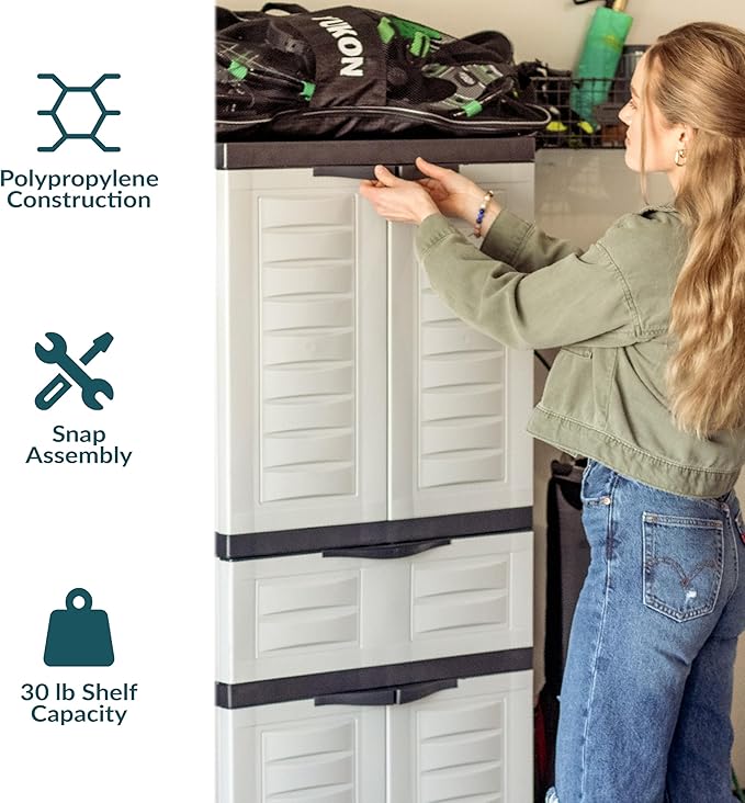 Sunnydaze 57" H Resin Garage Storage Cabinet - Garage Cabinet with 2 Adjustable Shelves - Freestanding Utility Storage for Laundry Room, Office, Basement - Gray
