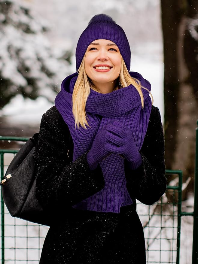 LOROME Women Winter Beanie Hat Scarf Gloves Set, Fleece Knitted Pompom Hat Warm Neck Scarf Touchscreen Gloves Winter Gift