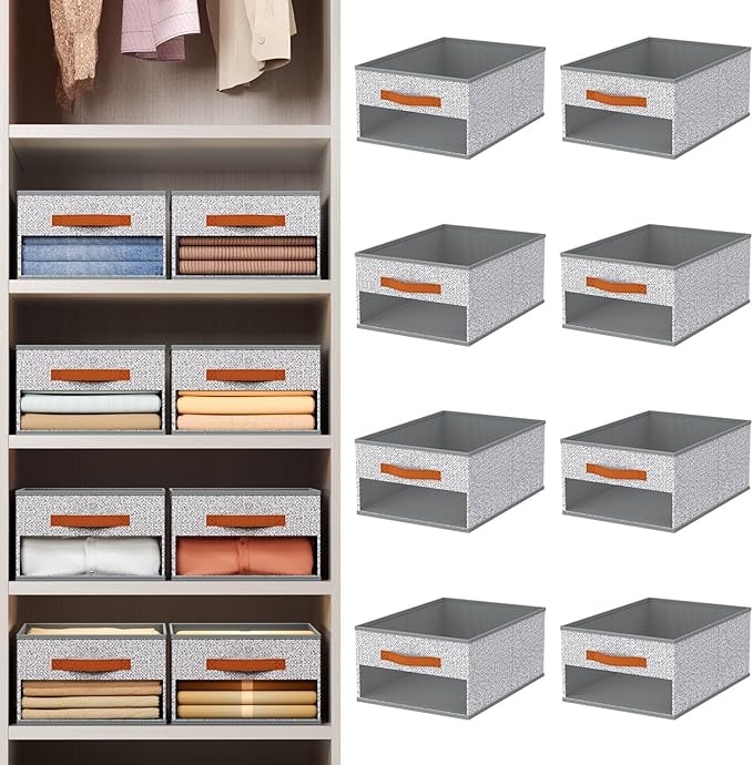 Drawer Organizers and Storage - 8 Pack Foldable Pants Organizer with Clear Window & Handles, Fabric Closet Organizer for Clothes, Jeans, Sweaters, Towels, T-shirt, Scarf (Ant Light Gray)