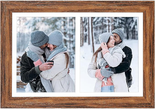 11x17 Picture Frame Display 2 opening 8X10 Double Picture Frame Collage,Multi Photo Frame with Mat,Plexiglass,Wall Mount Decor,Carbonized Brown Wood Grain