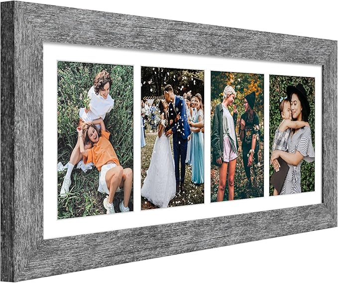 8x21 Picture Frame Display 4 opening 5x7 Collage Picture Frame,Multi Photo Frame with Mat,Plexiglass,Horizontal and Vertical Formats for Wall Decor,Grey Wood Grain
