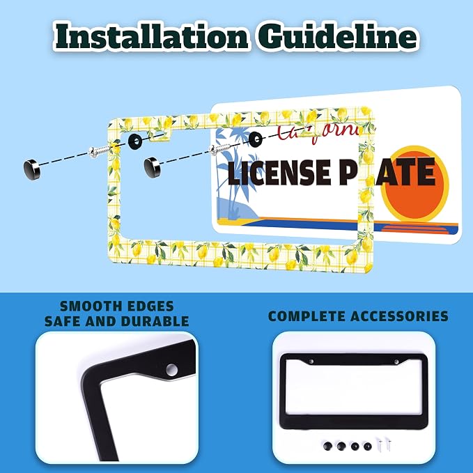Yellow Lemon Fruit License Plate Frame Stainless Steel 6.3 X 12.2 Inch | Fits US Standard With Screws Rust Resistant For Car Front Rear Decoration Accessories Easy Installation For Cars SUV Truck