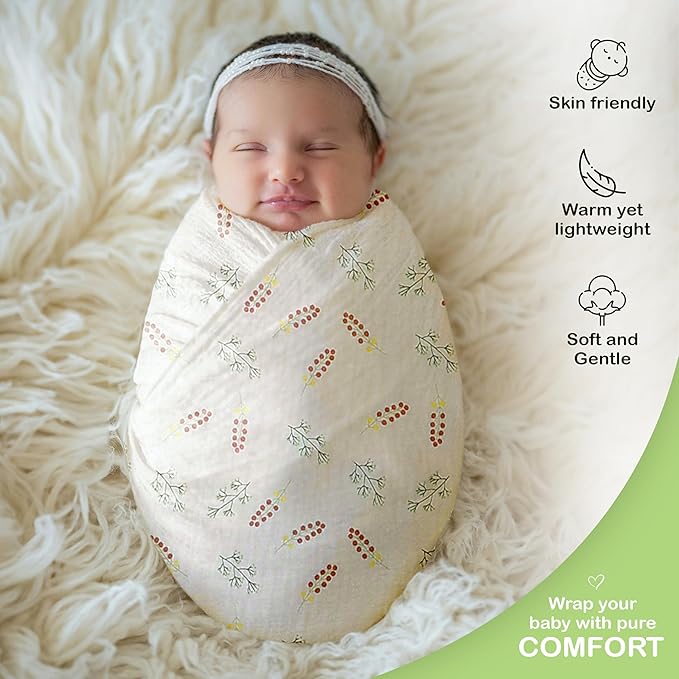 Organic Cotton Muslin Baby Blanket 3 Pack - 38x40 Inch Breathable Swaddle, Hypoallergenic Double-Layer, Versatile Use (Pink, Floral, Rust, 38x40 Inch)