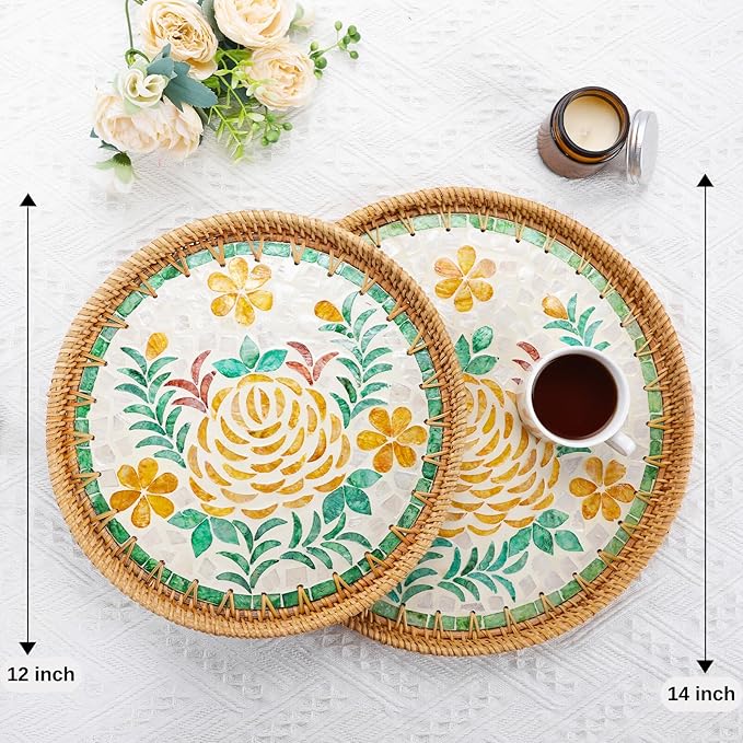 Rattan Serving Tray with Mother of Pearl, Round Coffee Table Tray Decor, Boho Decorative Round Hand-Woven Wicker Home Decor (Peony Flower, 12 inch)