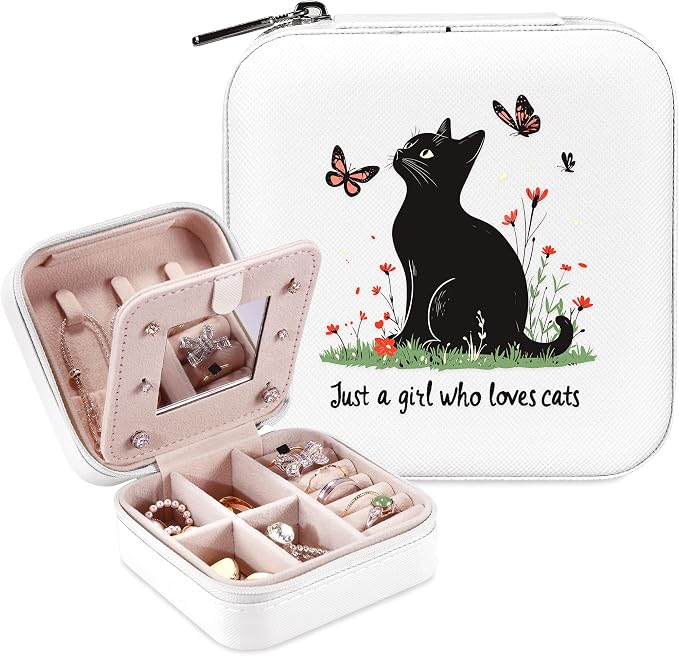 Black Cat Jewelry Box, Gifts For Women Teens Girls, Black Cat Lovers Themed Stuff Items Accessories Merchandise Decor Merch, Travel Ring Earrings Necklace Organizer Holder!