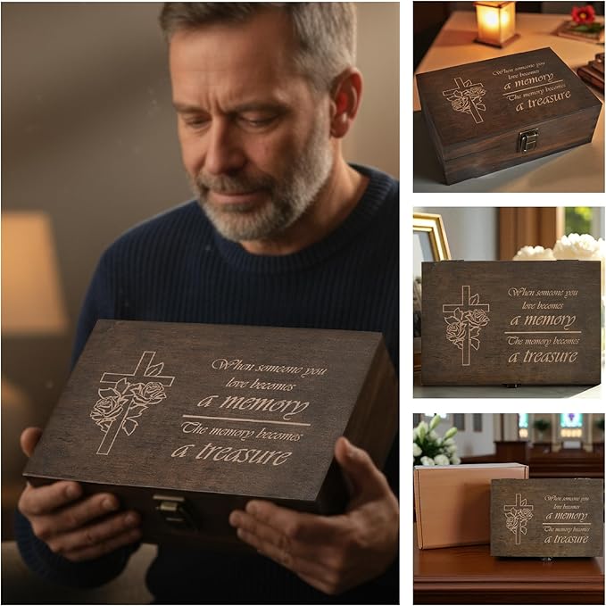Engraved Memorial Memory Box – Wooden Keepsake Box for Loss of Loved One or Pet – Sympathy Gift – Medium Size – Dark Walnut Finish – 8.5 x 6 x 3 in