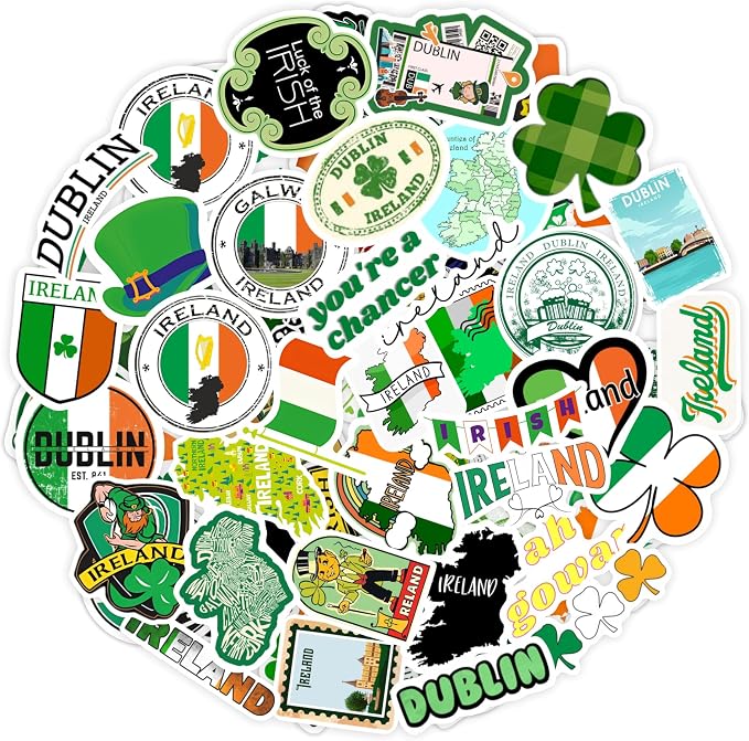 Ireland Stickers, Irish Stickers for Water Bottle and Laptop - Ireland Party Supplies & Decorations, Waterproof Vinyl Decals, Gifts for Women & Men