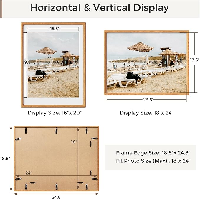 Heimlove 18x24 Picture Frames Natural Teak,Original Wood Hand Make Crafted Poster Frame with Mat to 16x20 Graduation Picture Display,Family Picture,Wedding Picture,Photo,Document Wall Mounted